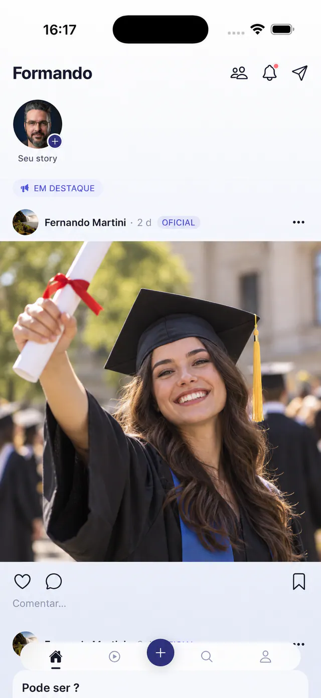 Feed do app Formatura Social com publicação oficial em destaque
