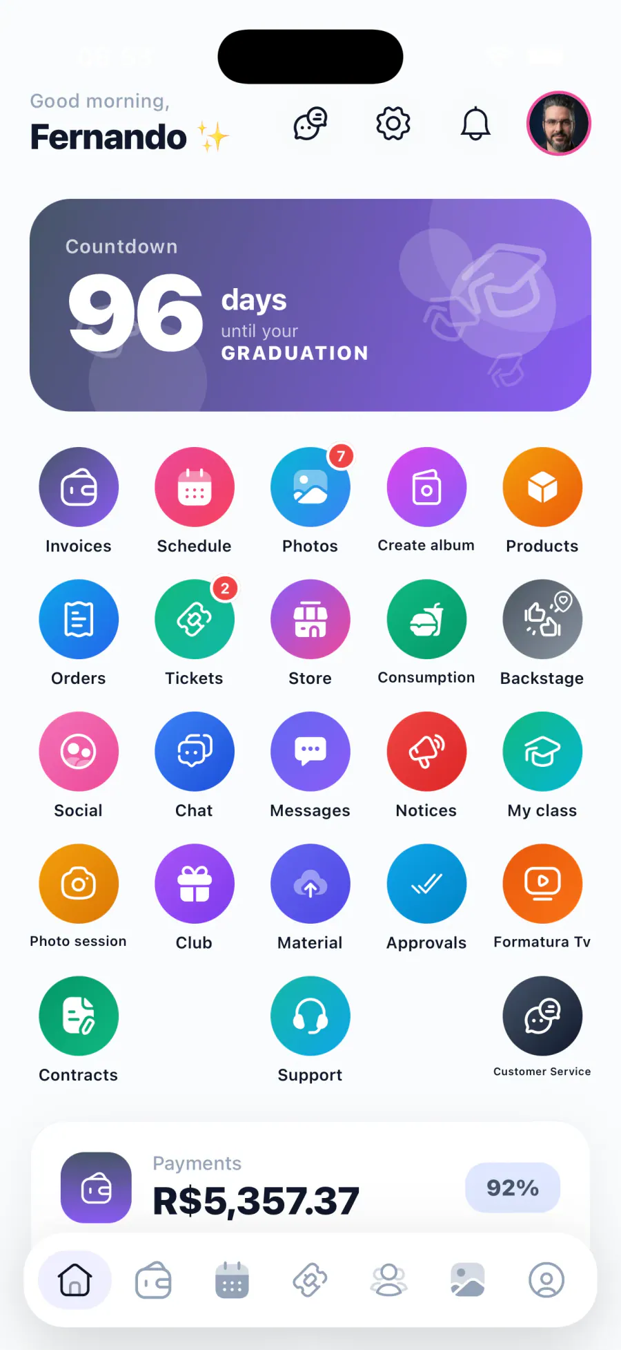 Pantalla de inicio de la app de Partiu Formatura