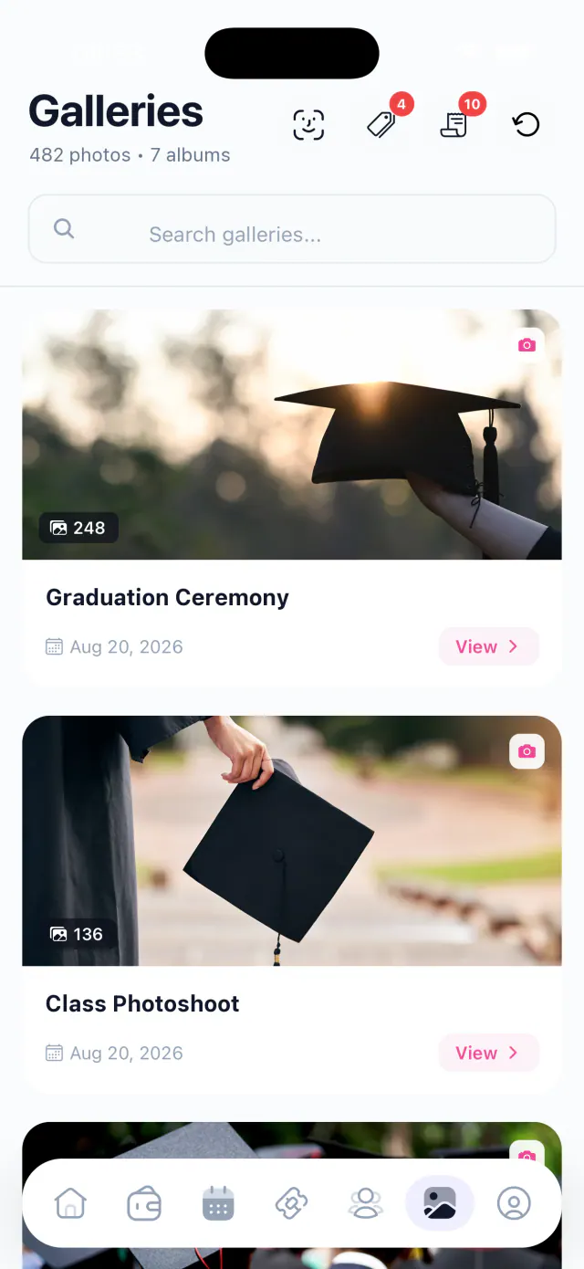Galerías de fotos de graduación en la app de Partiu Formatura