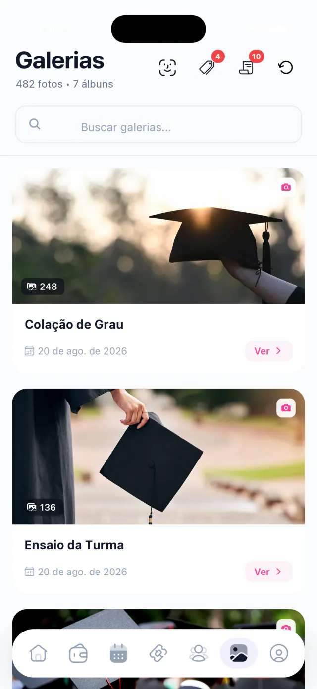 Galerias de fotos da formatura no app Partiu Formatura