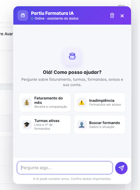 Assistente Partiu Formatura IA respondendo sobre faturamento, inadimplência e turmas dentro do painel