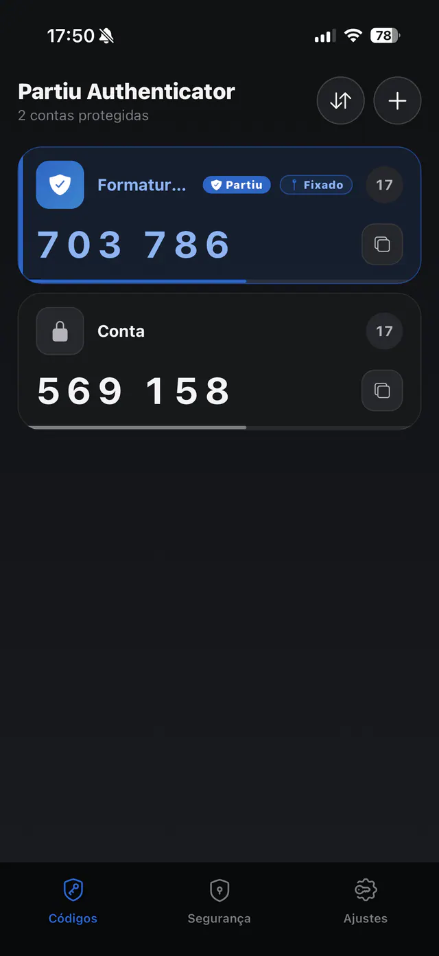 Lista de códigos TOTP do Partiu Authenticator com contador visual e botão de copiar