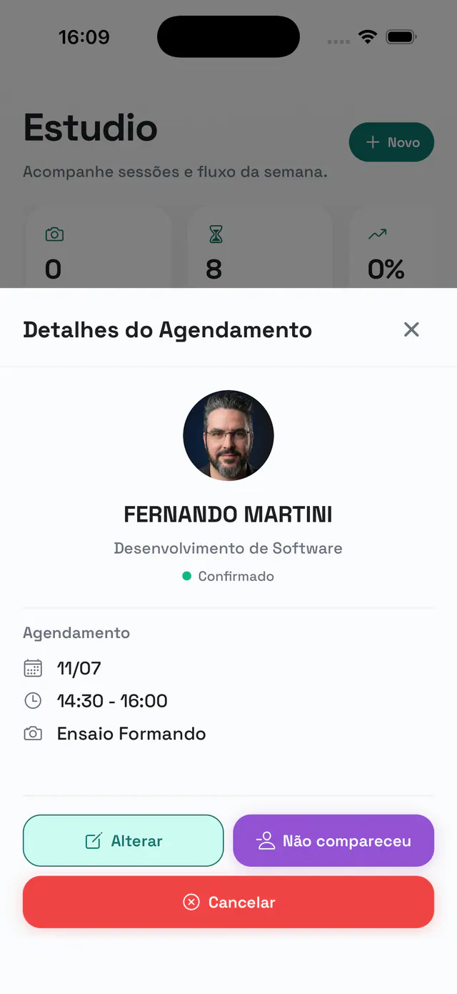 Détail d’un rendez-vous dans Partiu Estúdio, avec les actions modifier et annuler