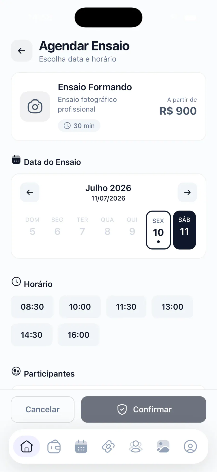 Photo session booking in the Partiu Formatura app