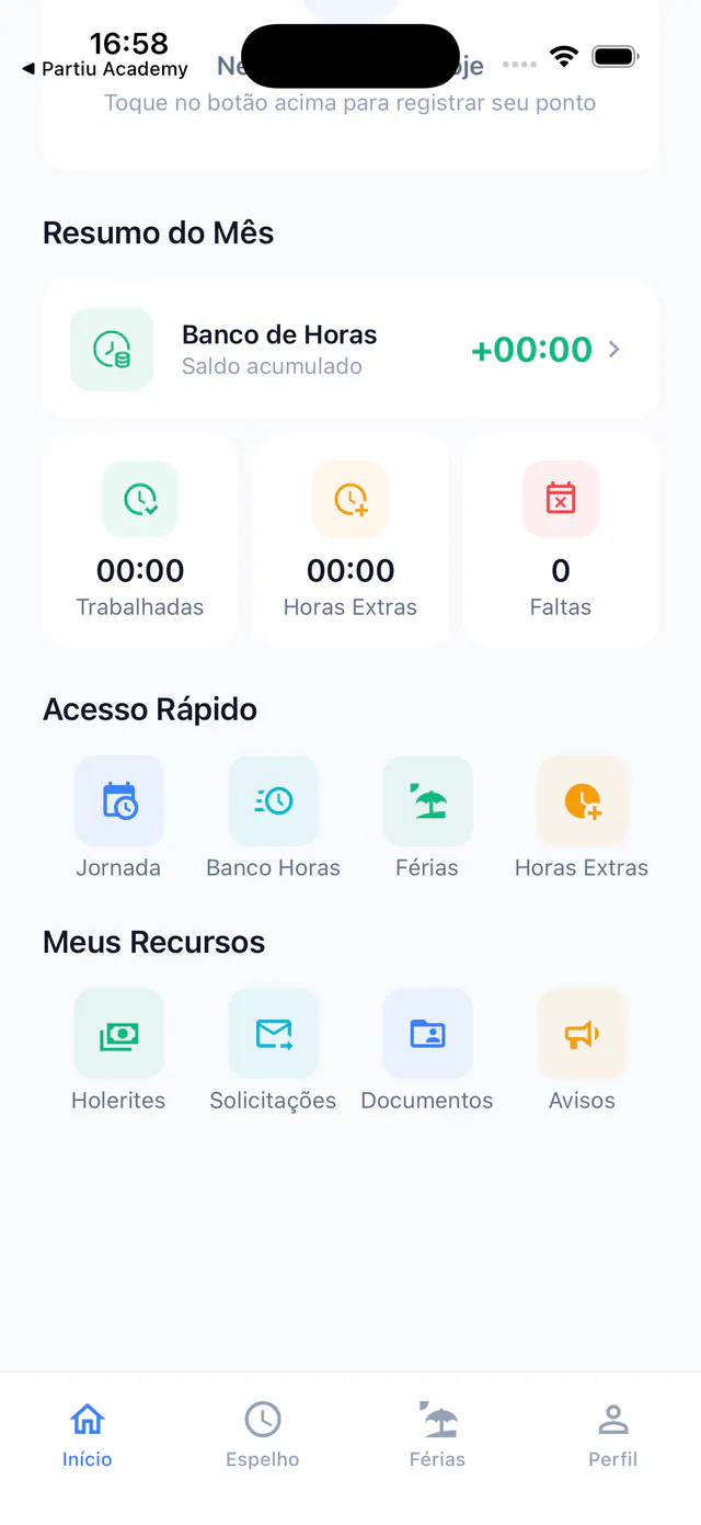 Synthèse mensuelle Partiu Ponto avec compteur d’heures, heures travaillées, heures supplémentaires et absences