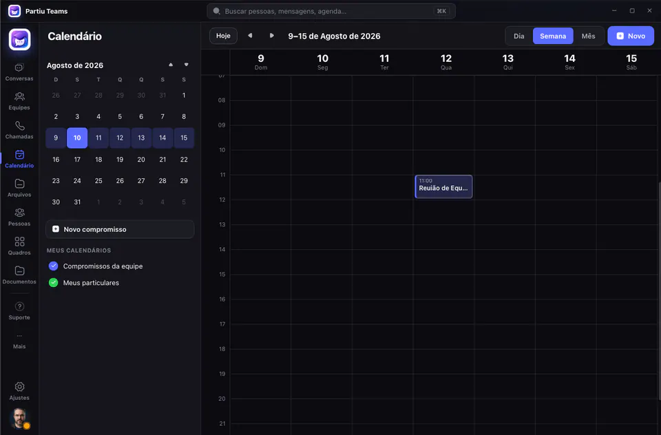 Calendario semanal de Partiu Teams con citas del equipo y personales