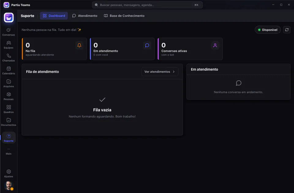 Panel de soporte de Partiu Teams con cola de atención y conversaciones activas