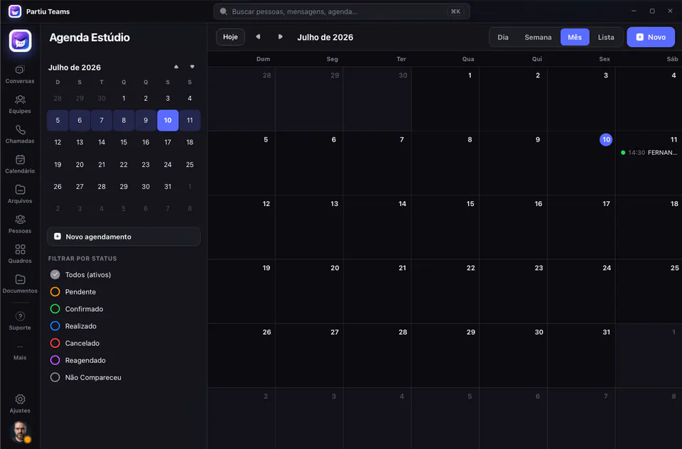 Agenda del estudio en Partiu Teams en vista de mes con filtros de estado