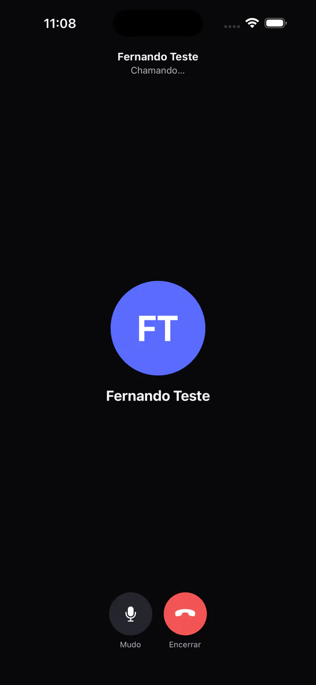 Llamada en la app móvil de Partiu Teams con avatar y botones de silenciar y colgar