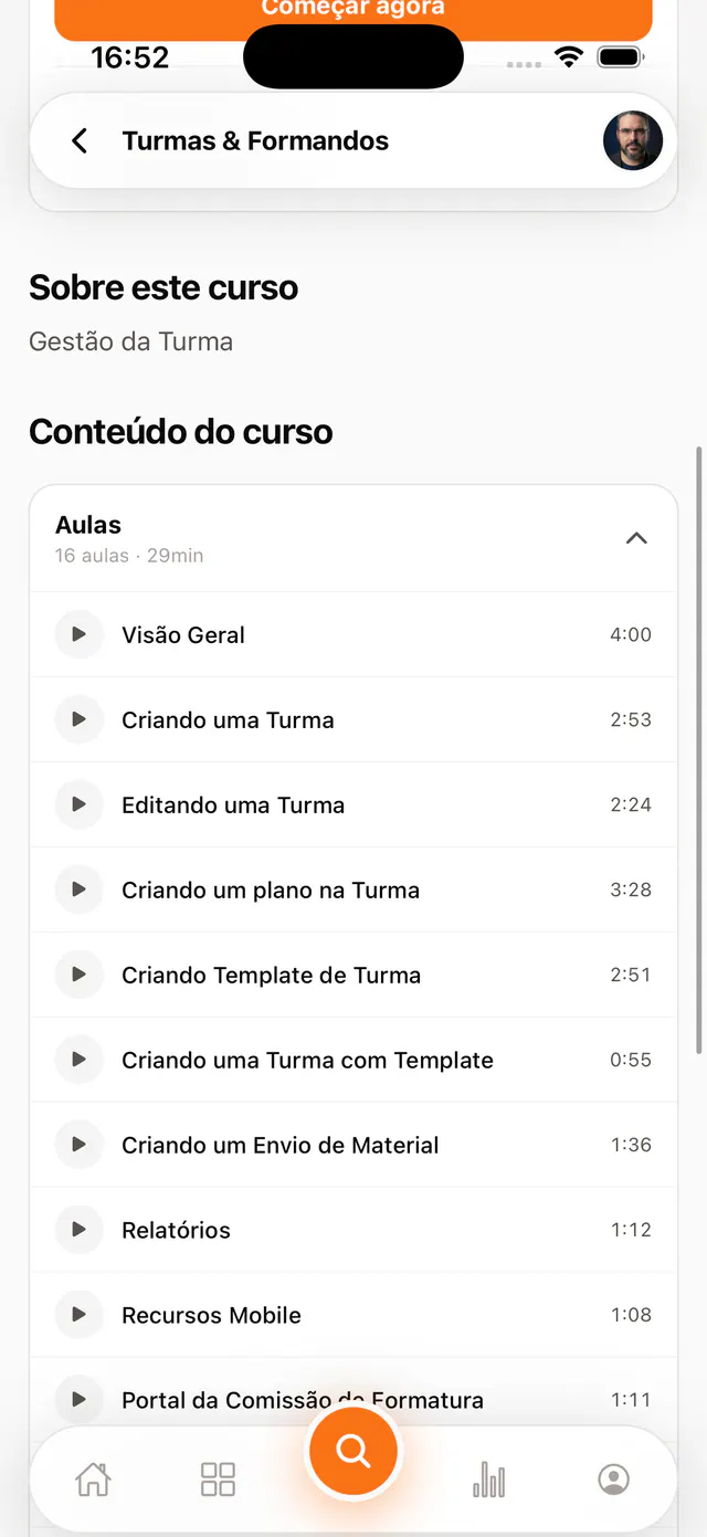 Detalhe do curso no Partiu Academy com a lista de aulas em vídeo e durações