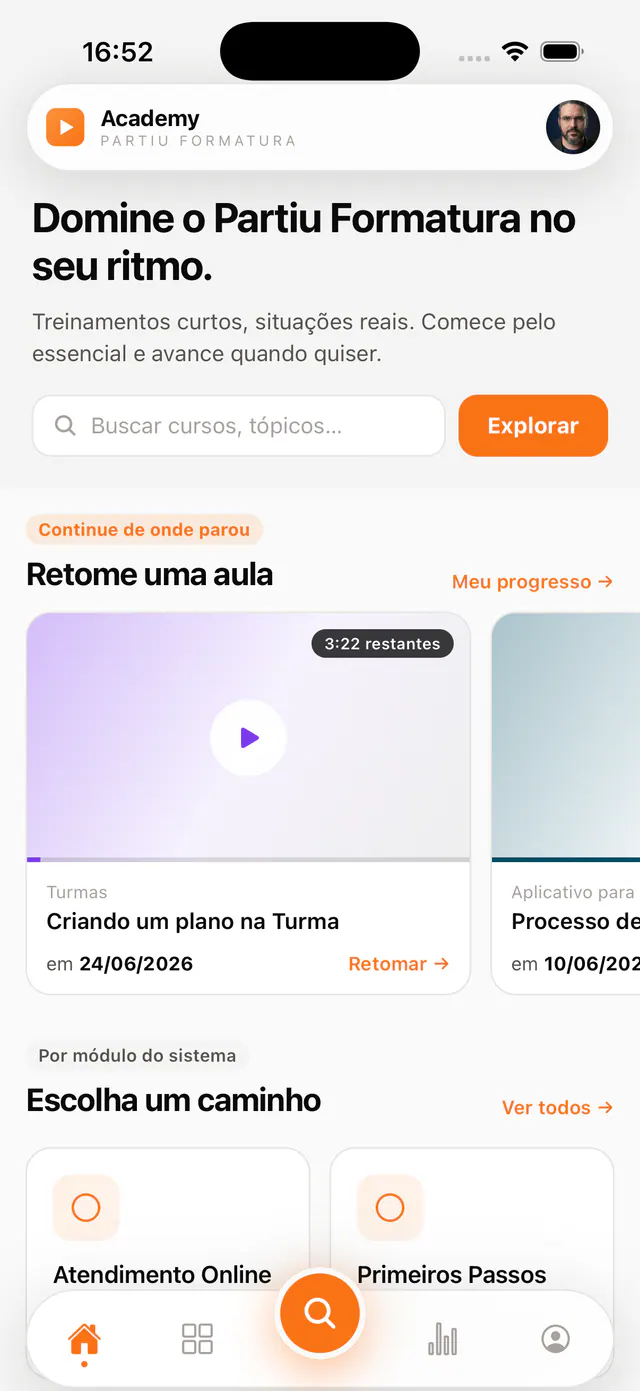 Tela inicial do Partiu Academy com busca de cursos e retomar aula de onde parou