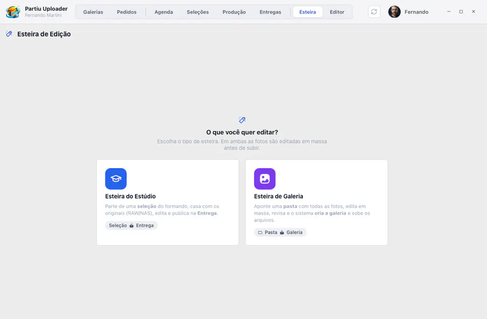 Flujo de edición de Partiu Uploader con los modos Estudio y Galería