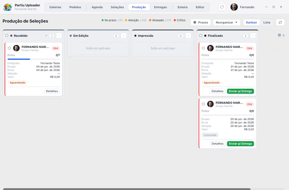 Tablero kanban de producción de Partiu Uploader con las selecciones y alertas de plazo