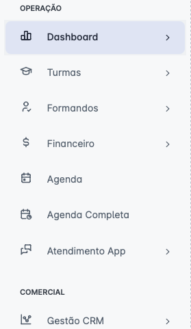 Menu lateral do painel com o grupo Operação contendo Dashboard, Turmas, Formandos, Financeiro, Agenda, Agenda Completa e Atendimento App