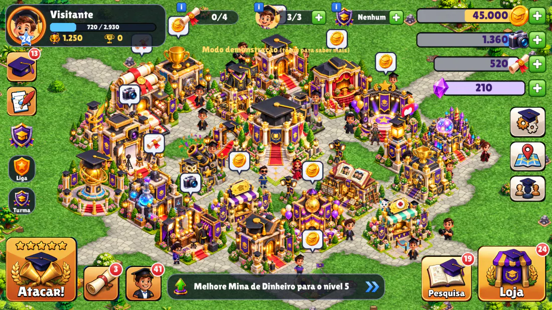 Base do Campus no jogo, com prédios, recursos e formandos