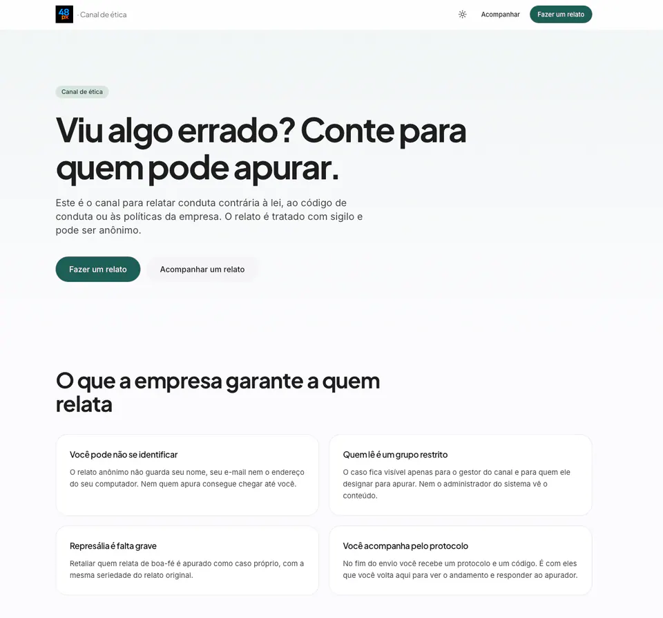 Ethics hotline open in the browser, showing the confidentiality guarantees and the report and follow-up buttons