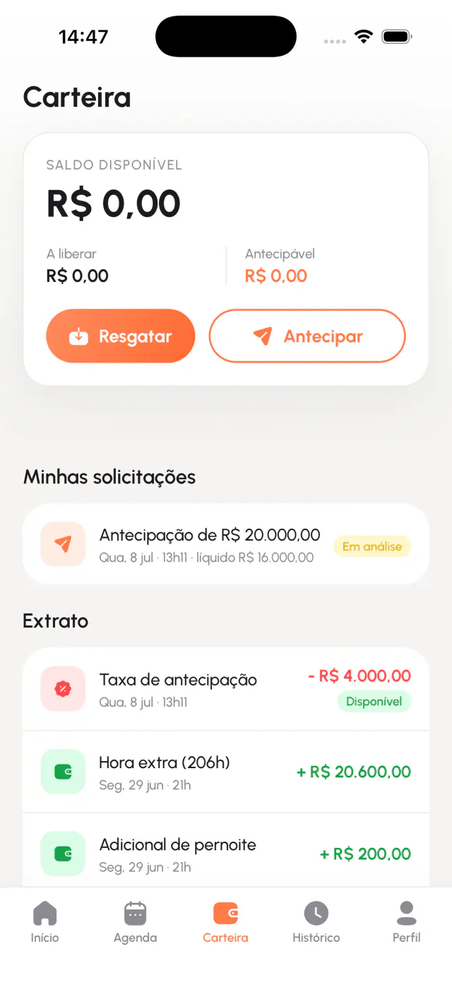 Portefeuille dans l’application Partiu FreeEquipe
