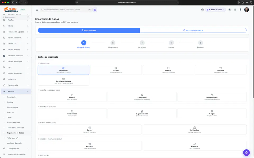 Importador de datos en Partiu Dash