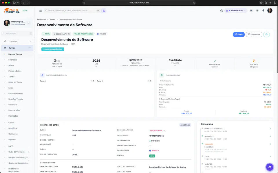 Detalle de promoción en Partiu Dash con finanzas generales, subgrupos, cronograma e información académica