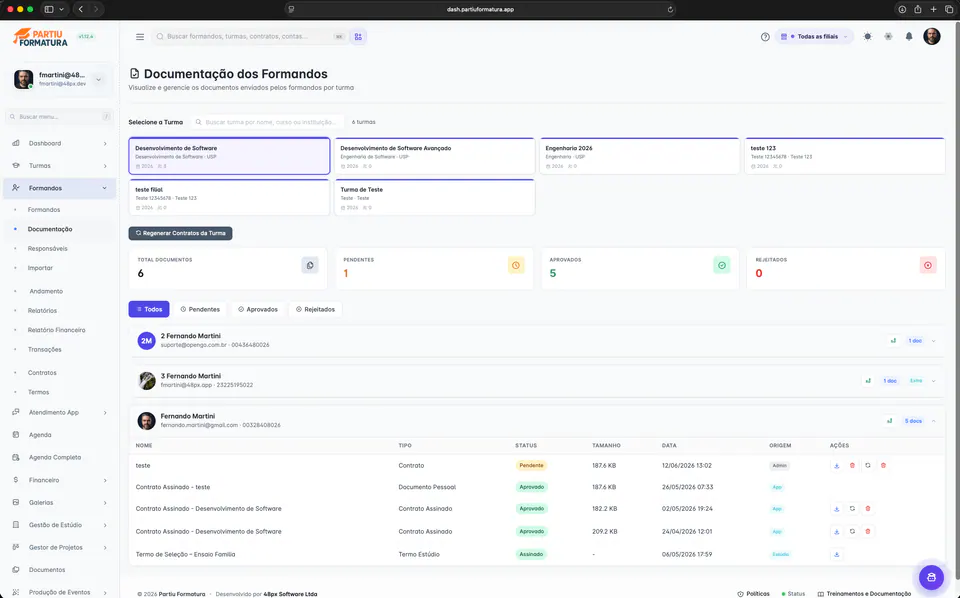 Documentos de graduados por promoción en Partiu Dash, con documentos y contratos enviados desde la app y su estado de aprobación