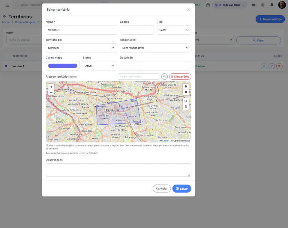 Configuración de territorio en Partiu Dash con polígono dibujado en el mapa, responsable y color