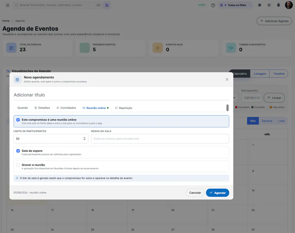 Nueva cita en el calendario de eventos de Partiu Dash con reunión en línea creada en Partiu Meet