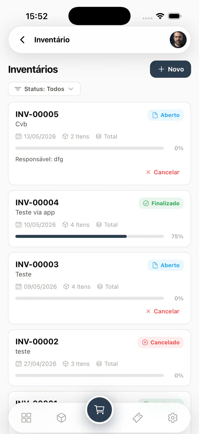 Lista de recuentos con número, fecha, artículos y porcentaje de avance