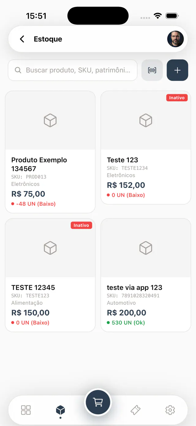 Lista de productos de Partiu Estoque con SKU, categoría, precio y nivel de stock