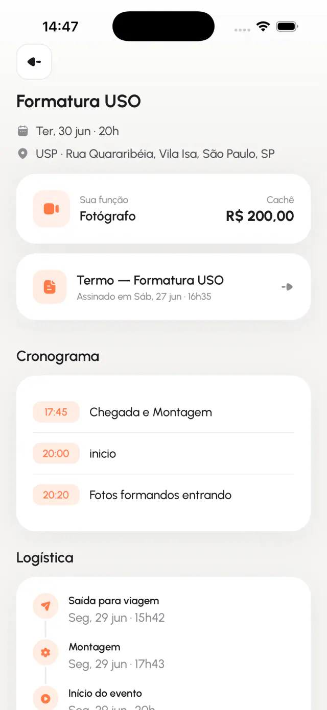 Détail d’un événement dans l’application Partiu FreeEquipe