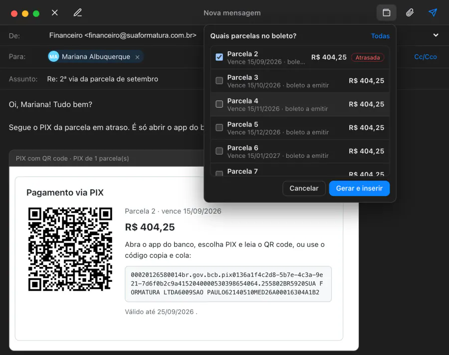 Seletor Quais parcelas no boleto, com a parcela atrasada já marcada e a situação de cada boleto