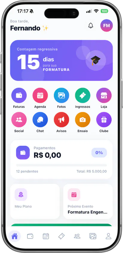 Pantalla de inicio de la app de Partiu Formatura
