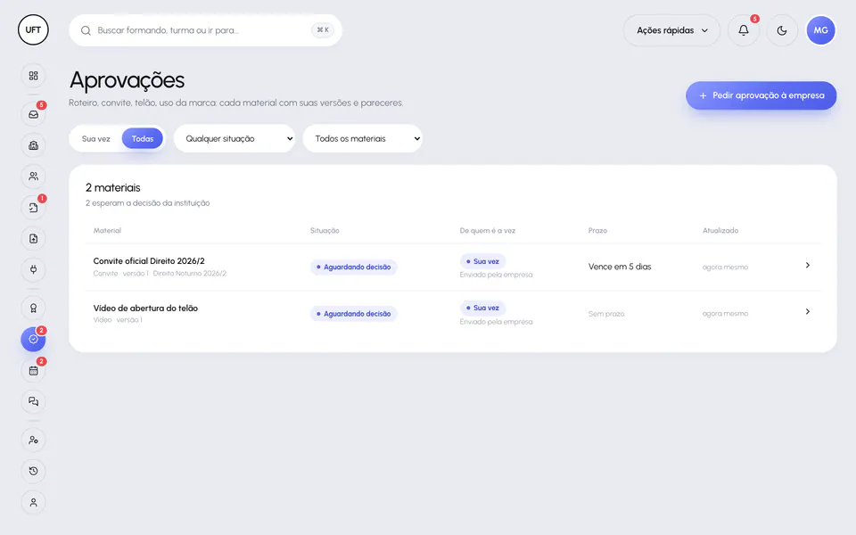 Lista de aprovações de material no Portal da Instituição com convite, roteiro e identidade visual, versão e situação de cada pedido