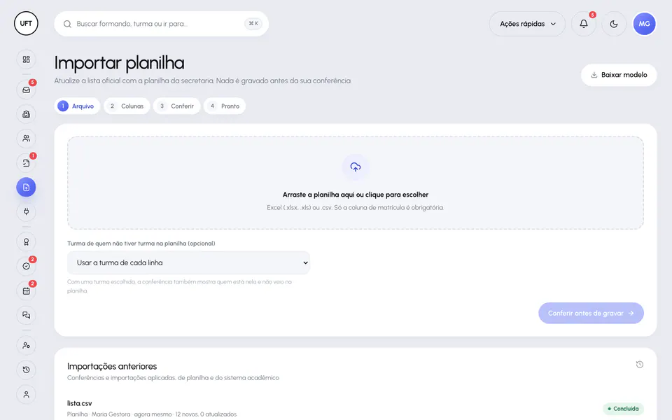 Importação de planilha no Portal da Instituição com mapeamento de colunas e simulação do que vai entrar, mudar e ficar de fora
