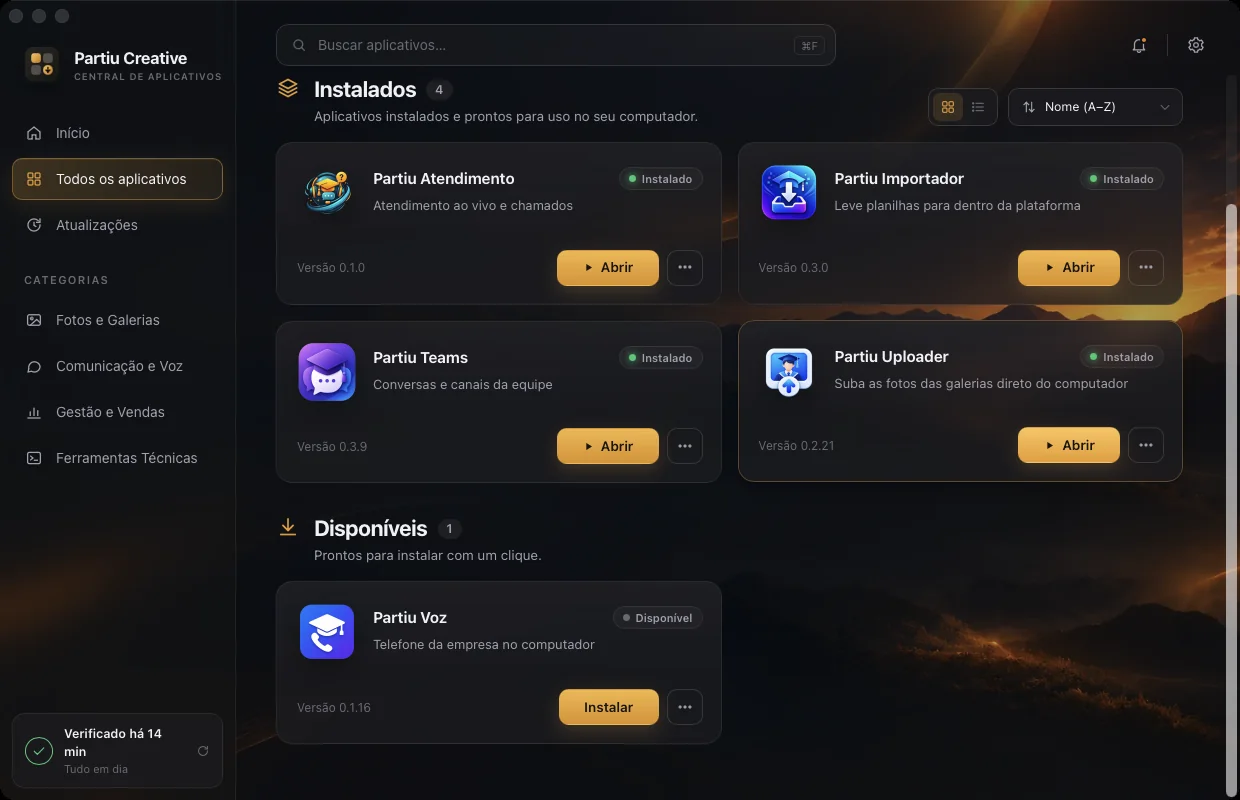 Partiu Creative aberto: apps instalados com o botão Abrir e o Partiu Voz pronto para instalar