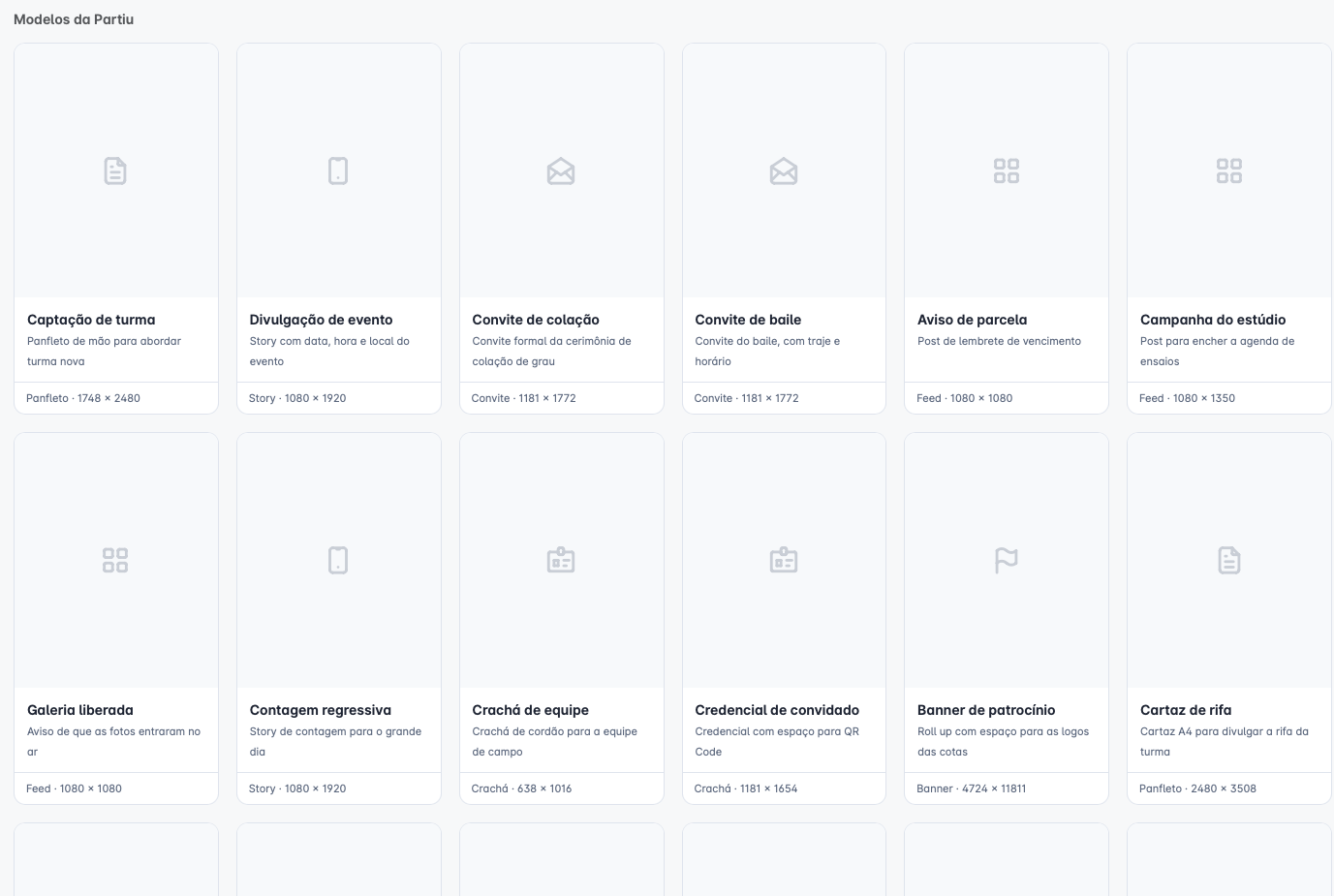 Lista de modelos da Partiu dentro do editor, com nome, descrição e a medida de cada layout